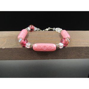 8" Sterling Silver Handmade Fancy Pink Glass Bracelet Vintage Elegant Beautiful